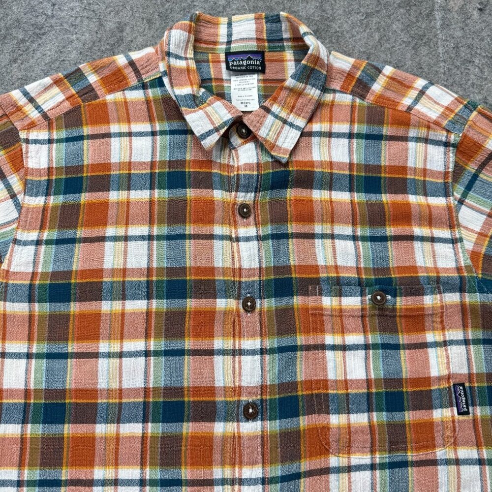 Patagonia A/C Shirt Men M Orange Blue Gauze Plaid 52921 Organic Button Down